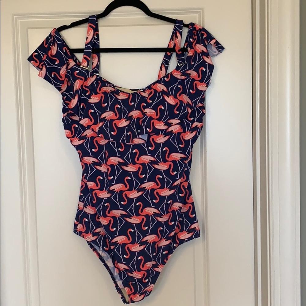 Eloquii Flamingo print, ruffled strapless swim